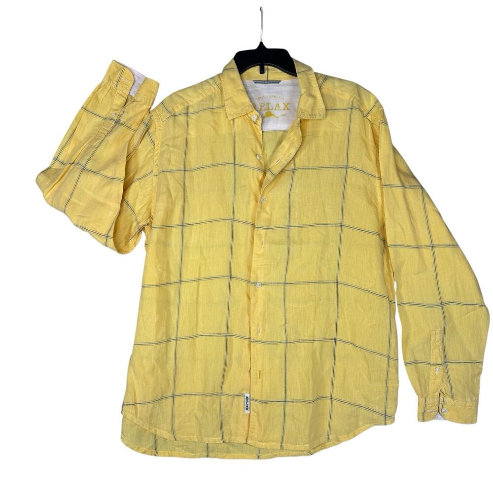 Tommy Bahama Relax Men Large Yellow checked 100% linen Button down Casual Shirts - Picture 8 of 14